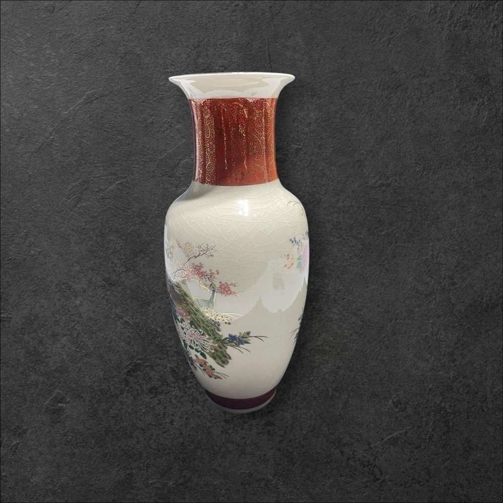 Vintage Japan Satsuma Floral Peacock 10 1/2” Vase Crackle Pattern - Picture 5 of 13
